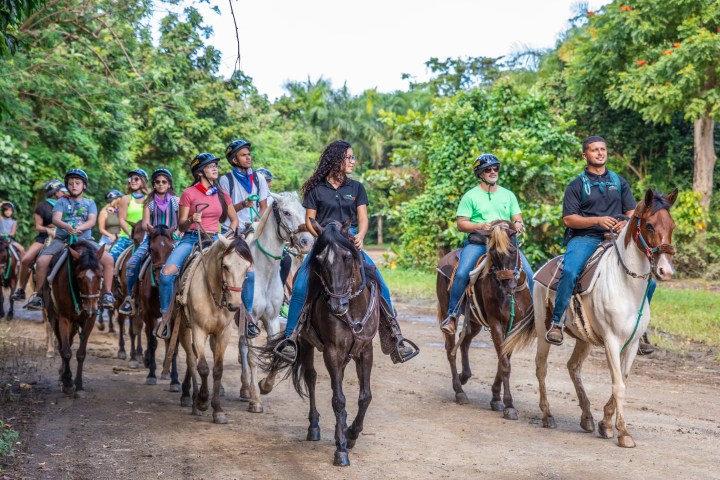 Group of people wearing helmets riding horses on a dirt path with lush greenery.
